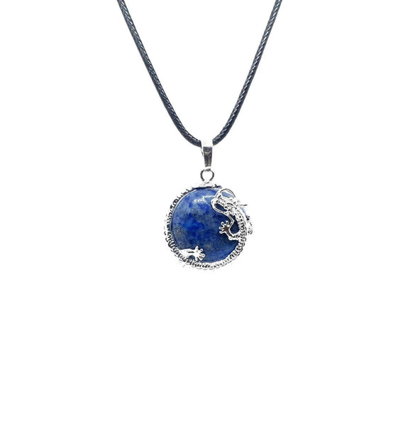 Blue Lapis Lazuli Crystal Necklace Pendant With Silver Dragon