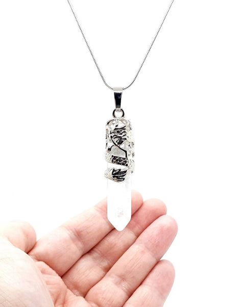 Point Clear Quartz Necklace Pendant With Silver Dragon