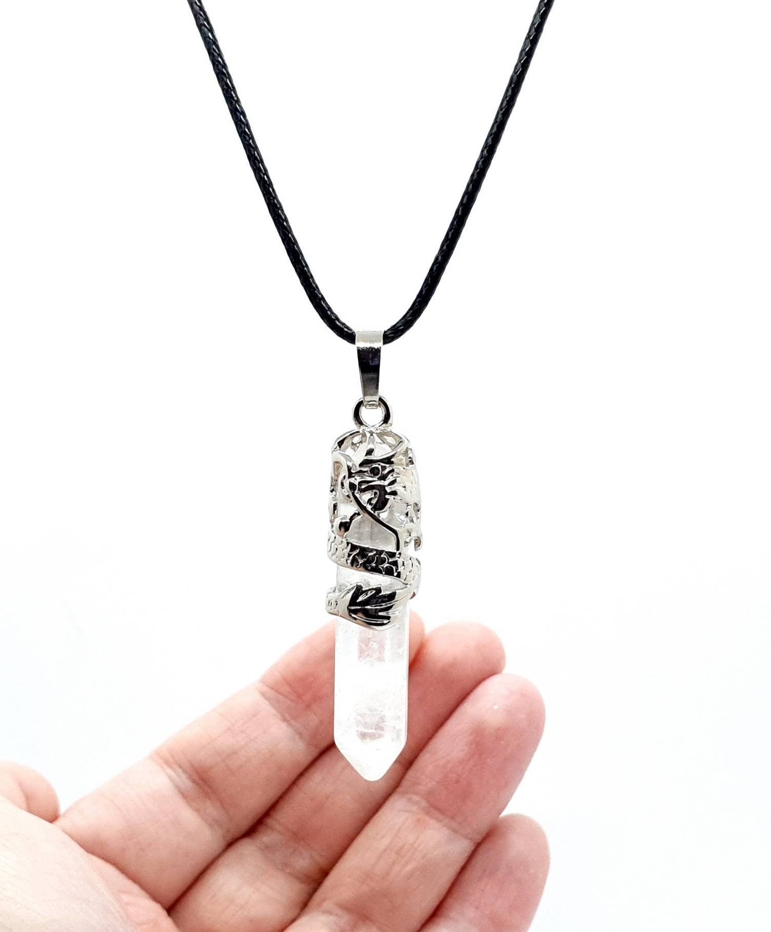 Point Clear Quartz Necklace Pendant With Silver Dragon