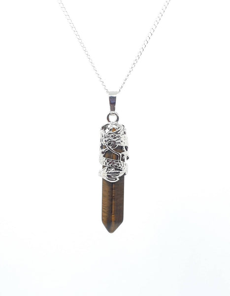 Point Tiger Eye Crystal Necklace Pendant With Silver Dragon