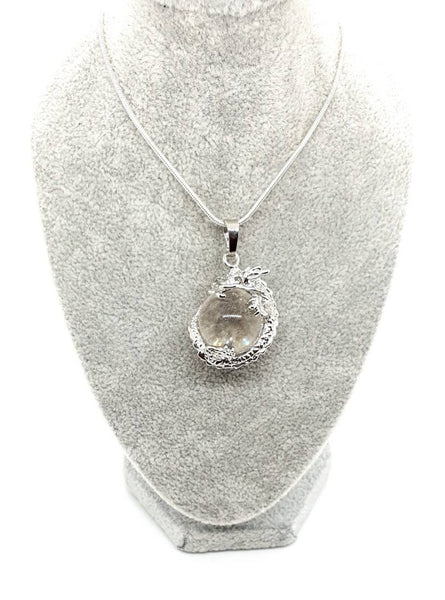 Clear Quartz Crystal Ball Necklace Pendant With Silver Dragon