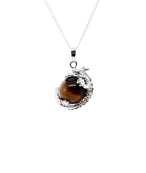 Sphere Tiger Eye Crystal Necklace Pendant With Silver Dragon