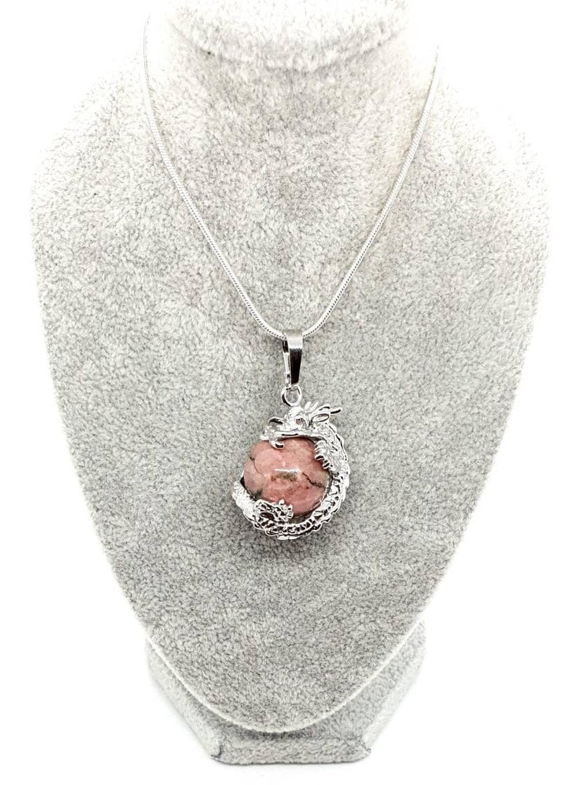 Pink Rhodonite Crystal Ball Necklace Pendant With Silver Dragon