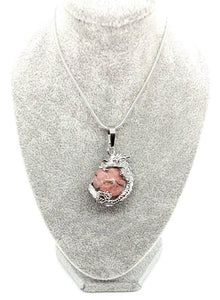 Pink Rhodonite Crystal Ball Necklace Pendant With Silver Dragon