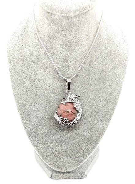 Pink Rhodonite Crystal Ball Necklace Pendant With Silver Dragon