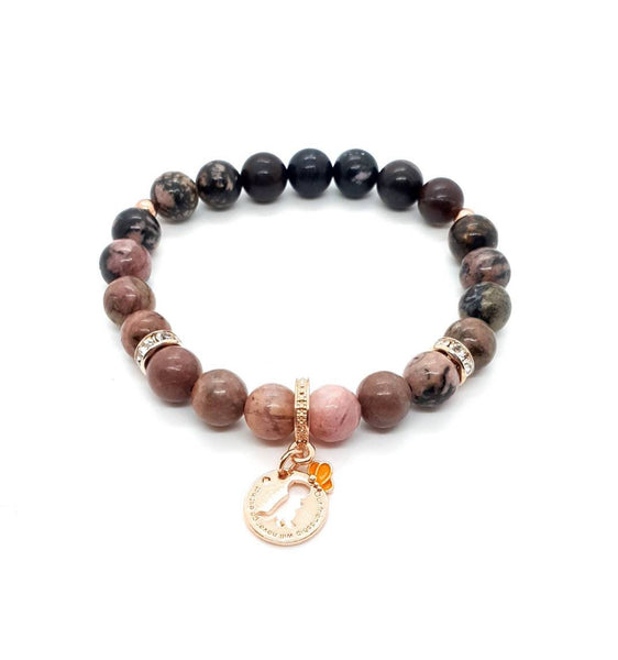Handmade Rhodonite Crystal Beaded Bracelet With Rose Gold Dinosaur Charm