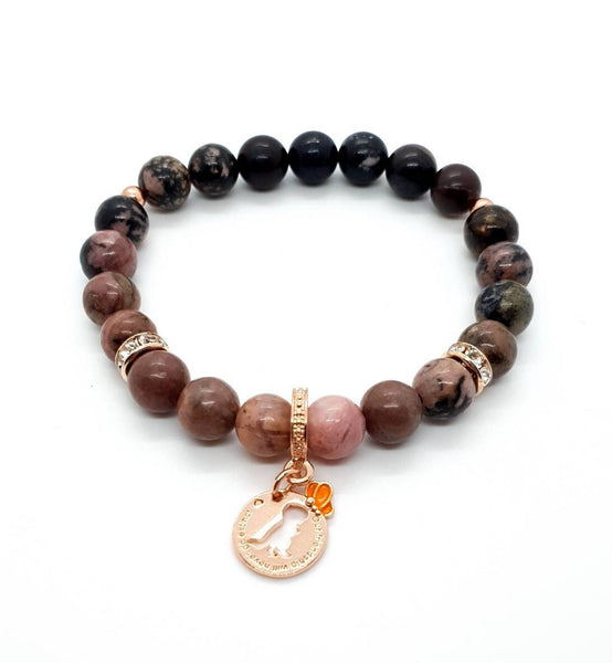Handmade Rhodonite Crystal Beaded Bracelet With Rose Gold Dinosaur Charm