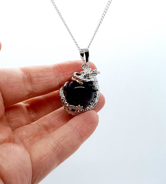 Purple Amethyst Crystal Ball Necklace Pendant With Silver Dragon