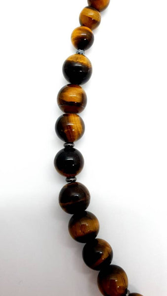 Tiger Eye Crystal Beaded Necklace With Gold Gemstone Teardrop Pendant