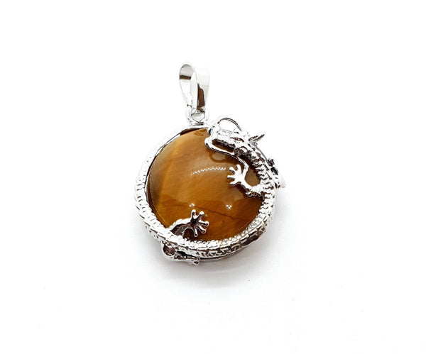 Tiger Eye Crystal Necklace Pendant With Silver Dragon