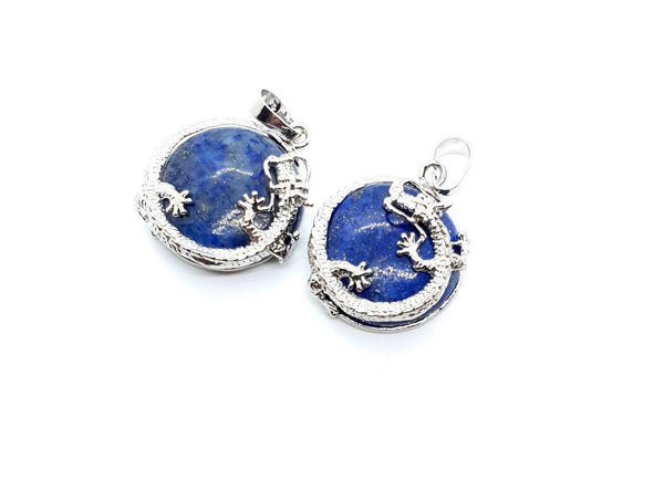 Blue Lapis Lazuli Crystal Necklace Pendant With Silver Dragon