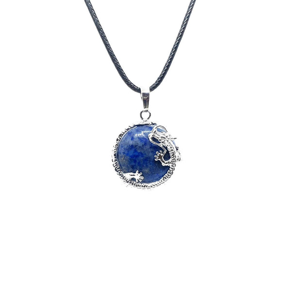 Blue Lapis Lazuli Crystal Necklace Pendant With Silver Dragon