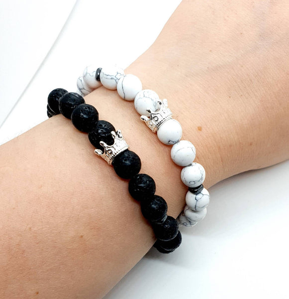 Couples Crystal Beaded Bracelets With Silver King and Queen Crown Charm