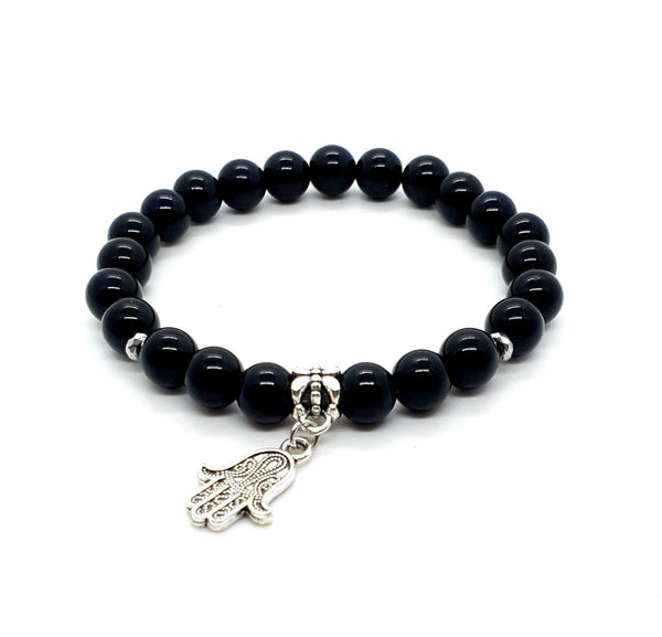 Hand Charm Bracelet | Black Beaded Bracelet with Hand | Queebo