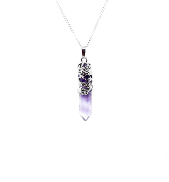 Point Purple Amethyst Necklace Pendant With Silver Dragon