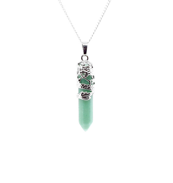 Point Green Aventurine Crystal Necklace Pendant With Silver Dragon