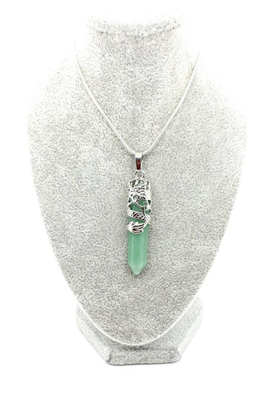 Point Green Aventurine Crystal Necklace Pendant With Silver Dragon