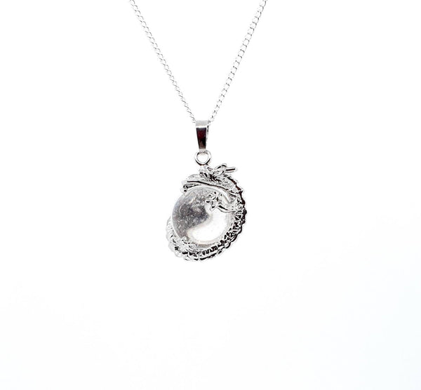 Clear Quartz Crystal Ball Necklace Pendant With Silver Dragon