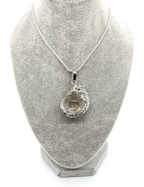 Clear Quartz Crystal Ball Necklace Pendant With Silver Dragon