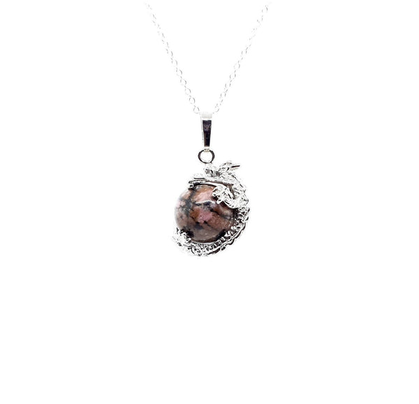 Pink Rhodonite Crystal Ball Necklace Pendant With Silver Dragon