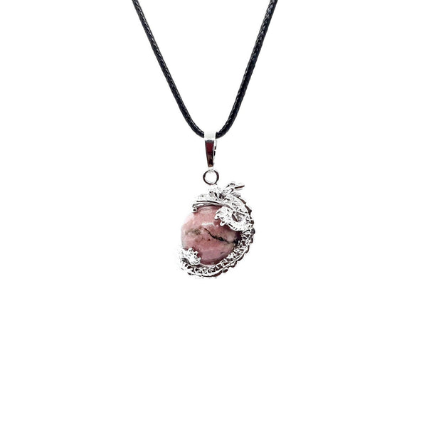 Pink Rhodonite Crystal Ball Necklace Pendant With Silver Dragon