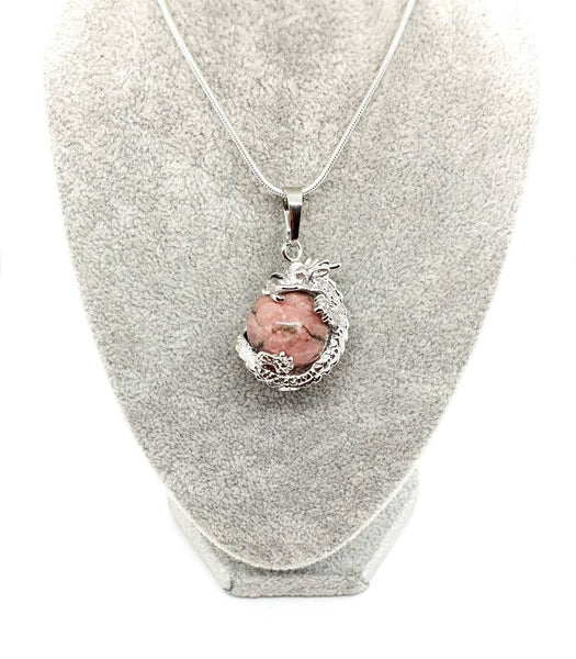 Pink Rhodonite Crystal Ball Necklace Pendant With Silver Dragon