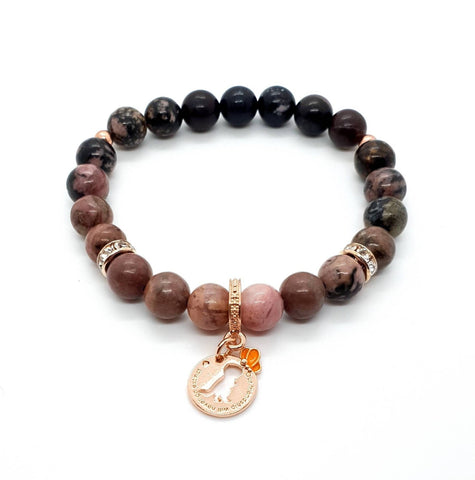 Handmade Rhodonite Crystal Beaded Bracelet With Rose Gold Dinosaur Charm