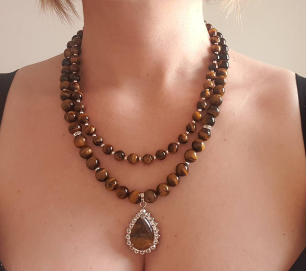Tiger Eye Crystal Beaded Necklace With Teardrop Pendant