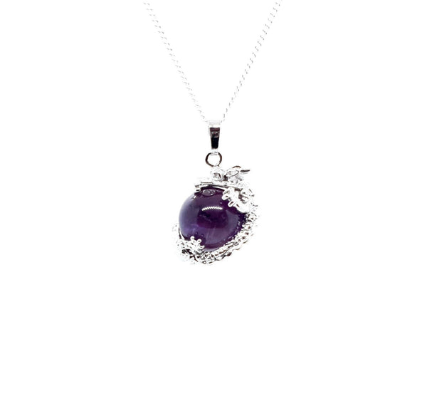 Purple Amethyst Crystal Ball Necklace Pendant With Silver Dragon