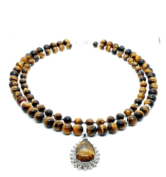 Tiger Eye Crystal Beaded Necklace With Teardrop Pendant