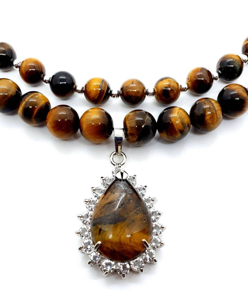 Tiger Eye Crystal Beaded Necklace With Teardrop Pendant