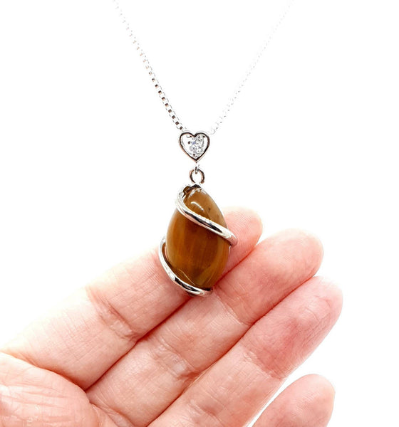 Tiger Eye Crystal Necklace Pendant With Silver Gemstone Heart