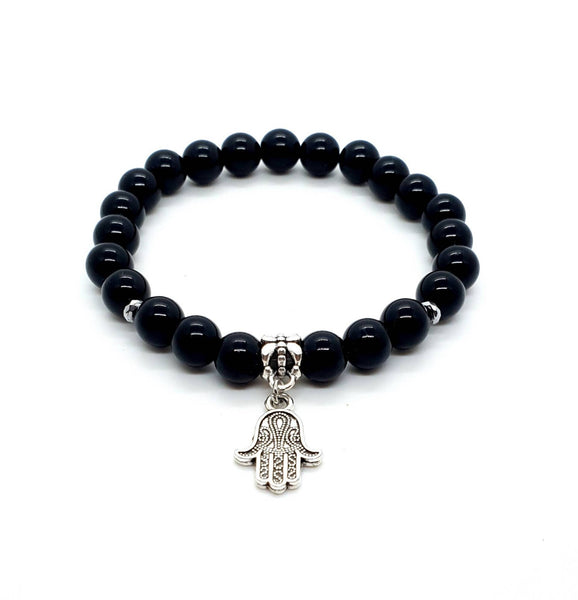 Hand Charm Bracelet | Black Beaded Bracelet with Hand | Queebo