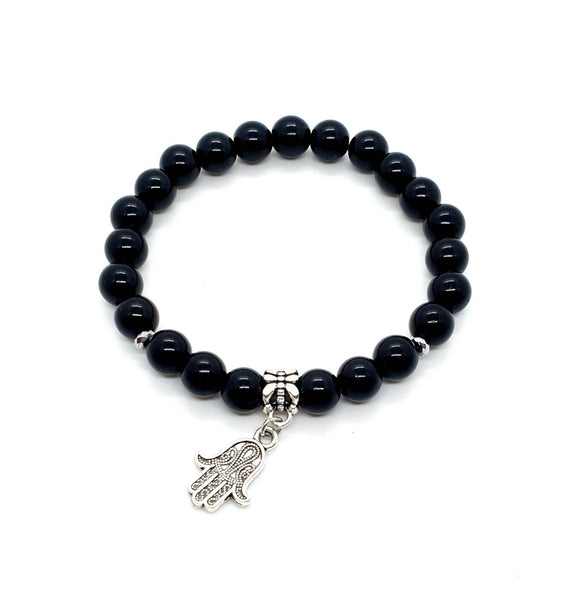 Hand Charm Bracelet | Black Beaded Bracelet with Hand | Queebo