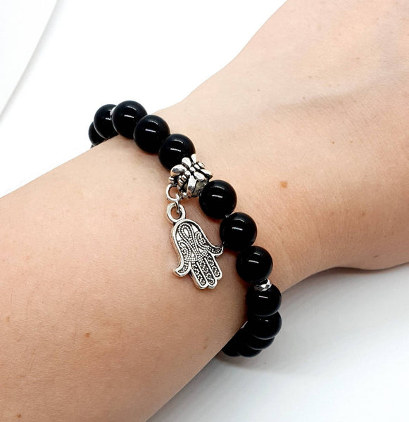 Hand Charm Bracelet | Black Beaded Bracelet with Hand | Queebo