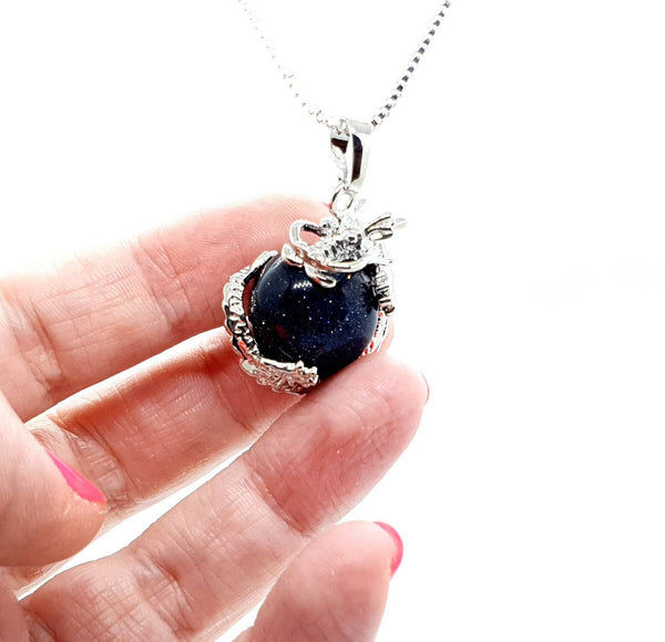 Sphere Blue Goldstone Crystal Necklace Pendant With Silver Dragon