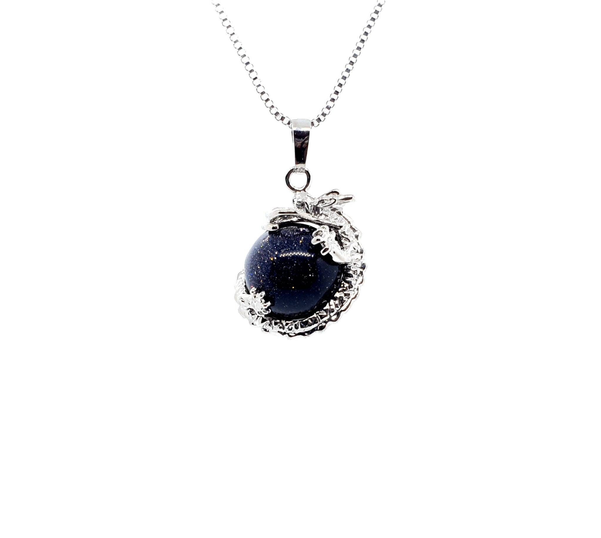 Sphere Blue Goldstone Crystal Necklace Pendant With Silver Dragon