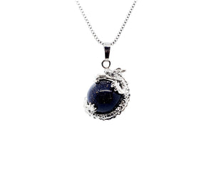 Sphere Blue Goldstone Crystal Necklace Pendant With Silver Dragon