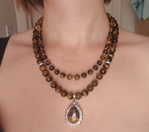 Tiger Eye Crystal Beaded Necklace With Teardrop Pendant