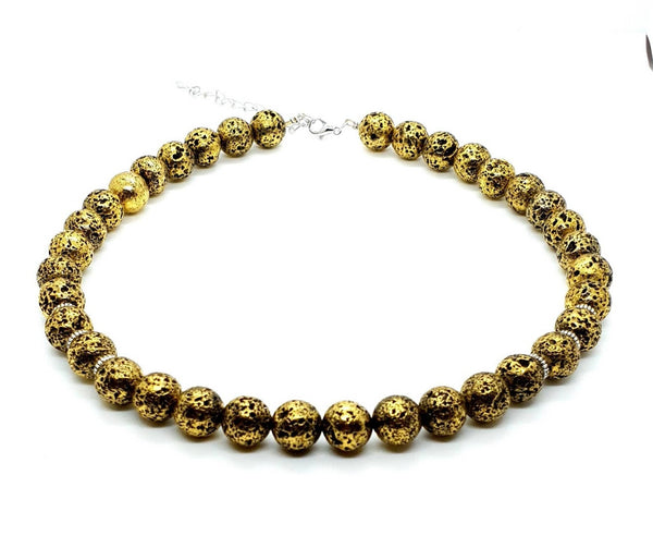 Handmade Vintage Gold Lava Rock Stone Crystal Beaded Necklace