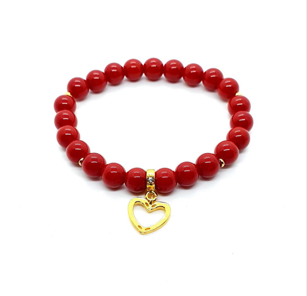 Handmade Red Coral Crystal Beaded Bracelet With Gold Heart Charm