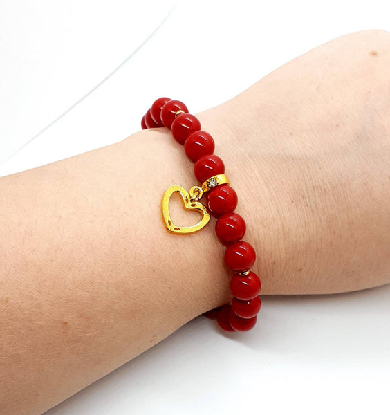 Handmade Red Coral Crystal Beaded Bracelet With Gold Heart Charm