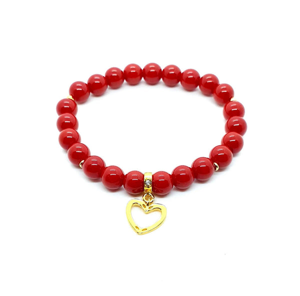 Handmade Red Coral Crystal Beaded Bracelet With Gold Heart Charm