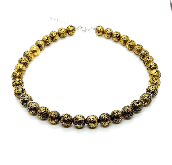 Handmade Vintage Gold Lava Rock Stone Crystal Beaded Necklace