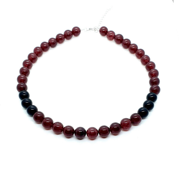 Red Garnet Crystal Beaded Necklace With Black Agate Beads