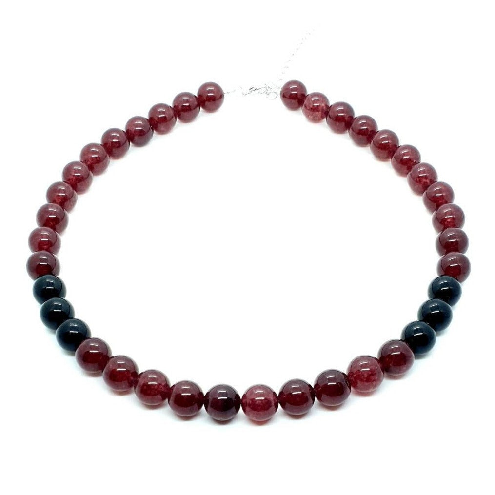 Red Garnet Crystal Beaded Necklace With Black Agate Beads