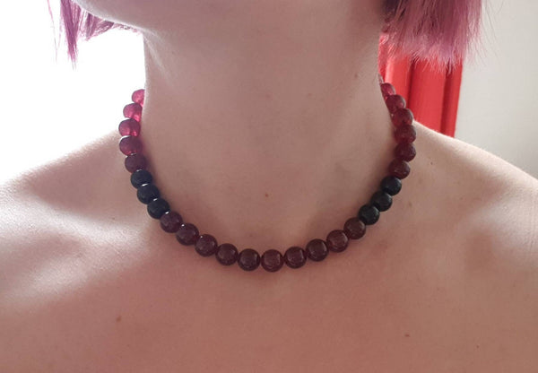 Red Garnet Crystal Beaded Necklace With Black Agate Beads