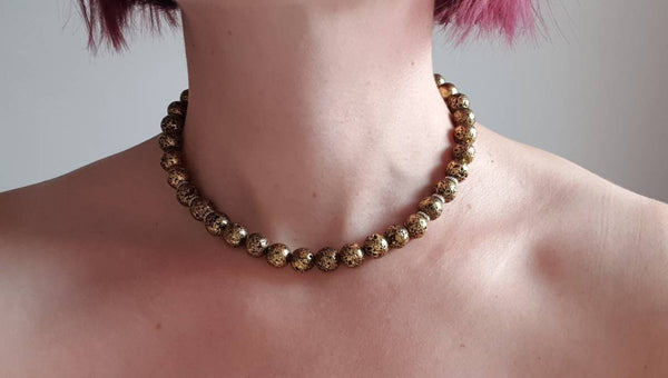 Handmade Vintage Gold Lava Rock Stone Crystal Beaded Necklace