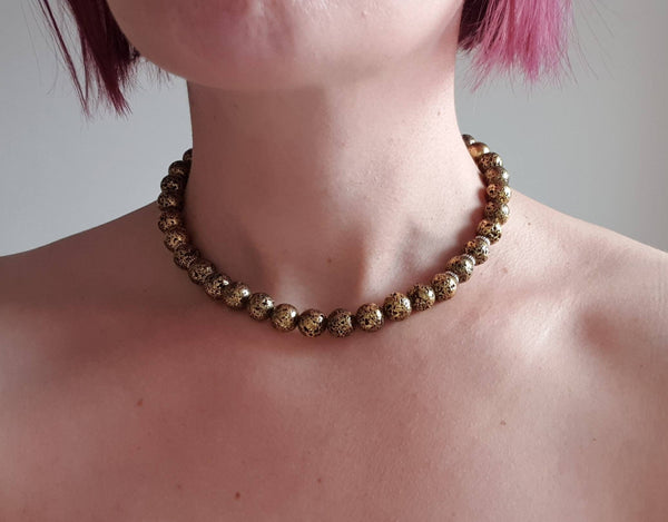 Handmade Vintage Gold Lava Rock Stone Crystal Beaded Necklace