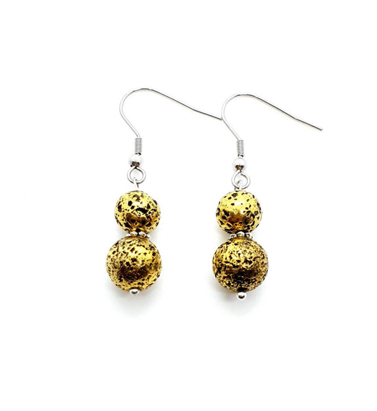 Minimalist Vintage Gold Lava Rock Stone Crystal Earrings
